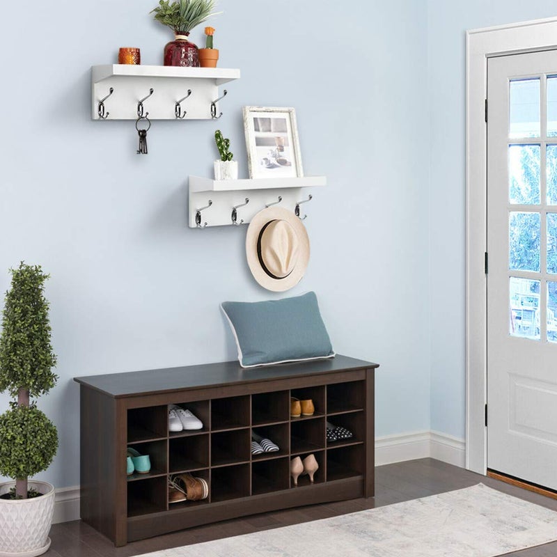 ZGZD White Wall Mounted Coat Rack with Shelf Entryway Hanging Shelves with 4 Double Hooks, Set of 2 - Image 2